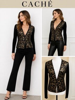 Vintage 90s Caché Sequin Animal Print Cardigan Sweater - Size Small💛